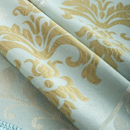 Vista 8 de Cenefa de cascada de damasco jacquard, aguamarina, 39 pulgadas de ancho, 1 panel Damask Waterfall Valance, Rod Pocket with Tassels Valance, For