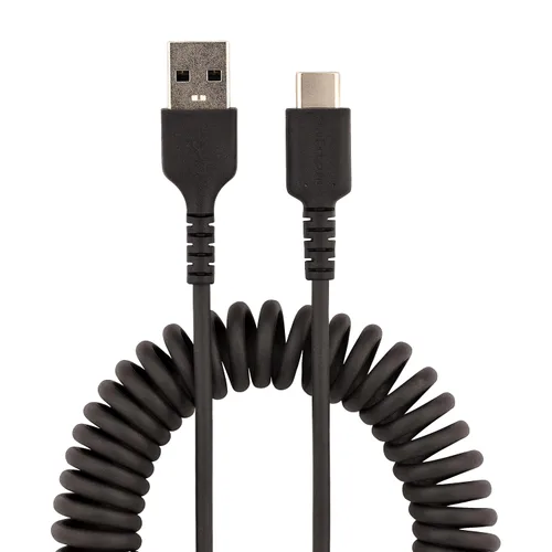 Vista 3 de StarTech Cable USB-A a USB-C en espiral de 3.3 pies, negro, 3A, USB 2.0 Carga y sincronización, chaqueta TPE, macho a hombre, fibra de aramida