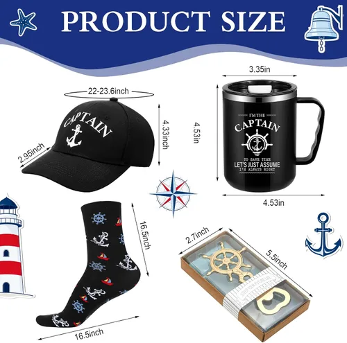 Vista 2 de Didaey 4 piezas de regalos de barco para hombres, gorra de capitán de barco, sombrero de capitán, vasos de acero inoxidable con texto en inglés "I'm