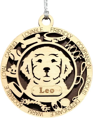 Vista 131 de Adorno de Navidad personalizado para perro Cavalier King Charles Spaniel, redondo de 3 pulgadas, madera cortada con láser de 2 capas, nombre y texto