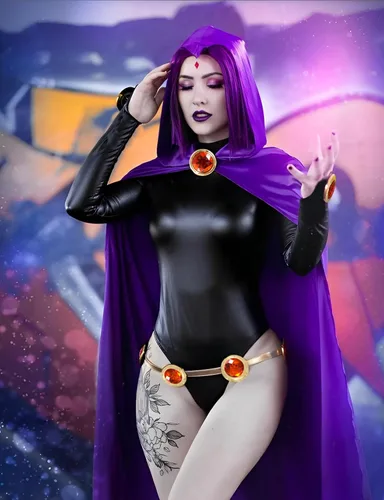 Vista 4 de Kitimi Disfraz de Raven TeenTitans para cosplay, disfraz de Raven para mujer, overol con capa morada, disfraz de cosplay de Halloween para mujer