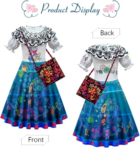 Vista 2 de URAQT Mirabel - Vestido de disfraz 2022, fantástico vestido Mirabel para niñas con bolsa, vestido de princesa Madrigal para niña