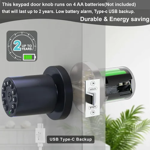 Vista 5 de iulock IU-20 Cerradura de puerta con código, pomo de puerta electrónico con teclado y llave, cerradura automática, resistente al agua, función