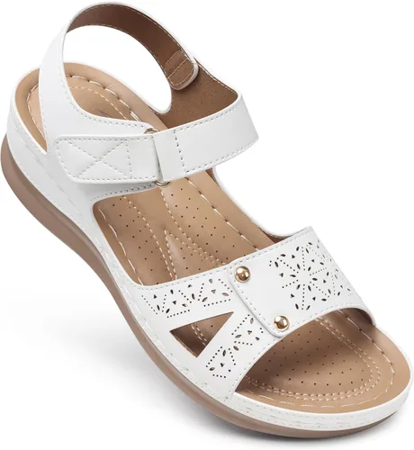 Vista 7 de Sandalias planas de SHIBEVER para mujer elegantes: Sandalias planas cómodas para mujer con punta abierta, correa al tobillo, zapatos de caminar
