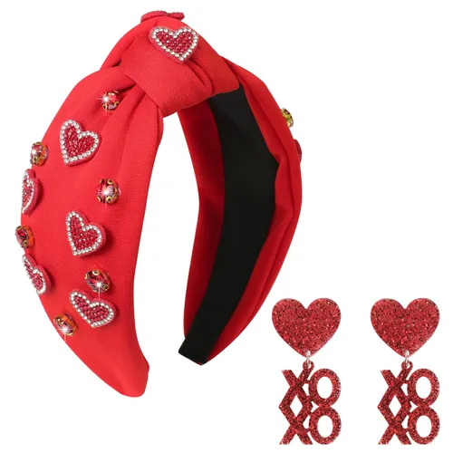 Vista 17 de Diademas de corazón de caramelo para el día de San Valentín para mujer, diadema de corazón de conversación de amor con diamantes de imitación
