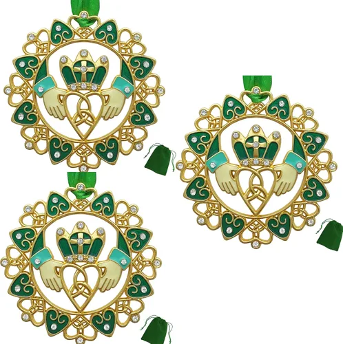 Vista 11 de Adornos de Navidad irlandeses – Diseño Claddagh dorado con joyas y esmalte – Caja de regalo con poema irlandés – Bolsa de almacenamiento de regalo
