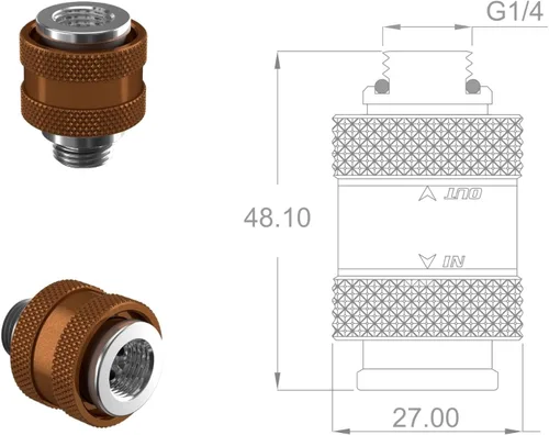 Vista 2 de PrimoChill Macho a hembra G 1/4 SX Mini válvula de drenaje de tracción para computadoras de refrigeración por agua - cobre