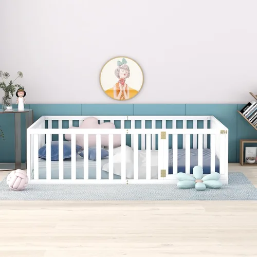 Vista 4 de Harper & Bright Designs Cama de suelo Montessori de tamaño matrimonial con rieles, marco de madera con valla y puerta, para niños y niñas (blanco)
