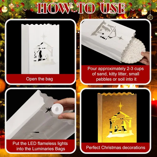 Vista 5 de Meanplan - Juego de 45 bolsas luminarias navideñas con vela LED sin llama Cristiano