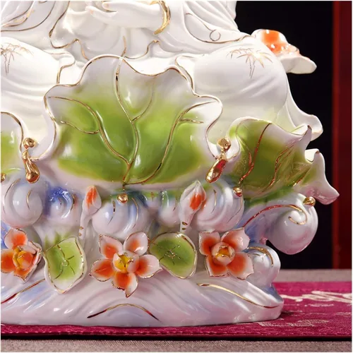 Vista 3 de Estatua de Guan Yin Estatua de Buda budista Estatua de Guanyin Artesanía de cerámica de porcelana a todo color sentado loto Guanyin Estatua de Buda