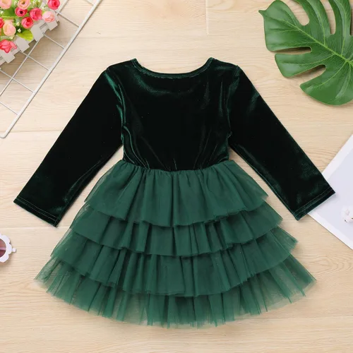 Vista 4 de Vestido de terciopelo de Navidad para niñas pequeñas, vestido de tul con volantes, vestido de fiesta, otoño, invierno, boda, Navidad, vacaciones