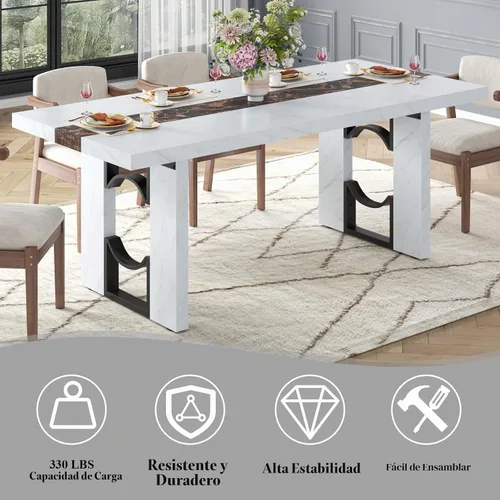 Vista 4 de Mesa de comedor de 71 pulgadas para 6-8 personas, mesa de cocina rectangular grande con mesa de color mármol, mesa de comedor lujosa de 6 pies