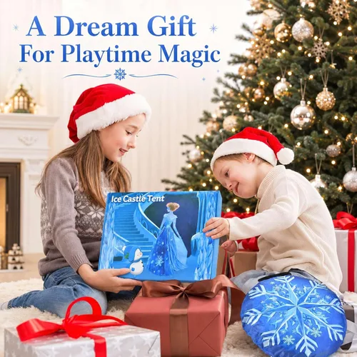 Vista 9 de Amplov Tienda de campaña desplegable de princesa, juguetes de Frozen para niñas, grande de 53" x 41" pulgadas, casa de juegos castillo de hielo