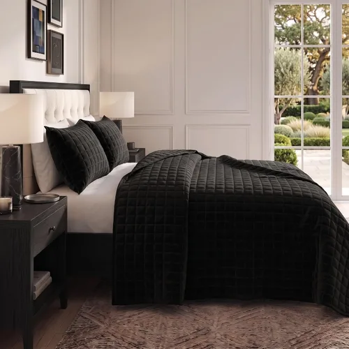 Vista 2 de Tribeca Living FLORENCEQUIKISI - Juego de acolchado Florencia, de terciopelo, sólido, tamaño grande), Negro, gemelo Ultra-Soft 260 GSM Plush