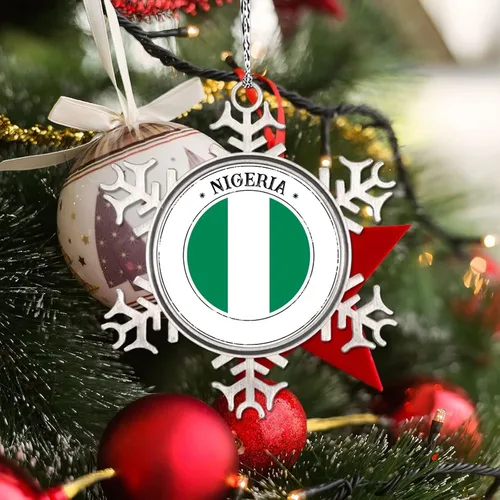Vista 4 de Adornos de Navidad con la bandera de Nigeria 2022, adorno de copo de nieve para decoración de árbol de Navidad, regalo de recuerdo de metal