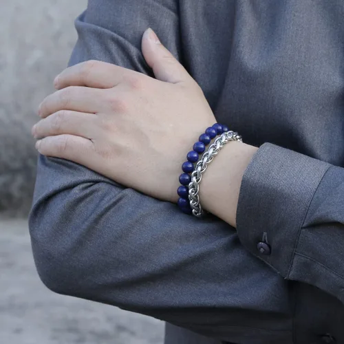 Vista 3 de CUSTZ Pulsera de cuentas naturales pulsera de acero inoxidable multicapa para hombres js000076