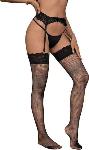 Vista 3 de SHENHE Medias altas de red para mujer, medias de liga, medias de lencería con tirantes