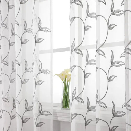 Vista 80 de VISIONTEX 2 paneles de cortinas traslúcidas de 63 in de largo, cortinas de gasa semitransparentes bordadas con hojas florales beige, bolsillo