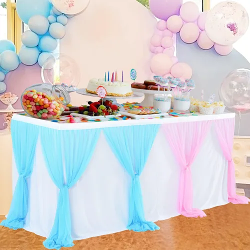 Vista 2 de Besutolife Faldas de mesa de tul rosa y azul para revelación de género, falda de mesa tutú para baby shower, para niñas y niños, fiesta
