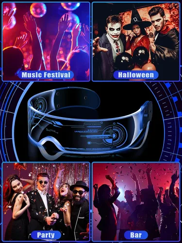 Vista 7 de TOODOO 4 pares de anteojos con visera LED, gafas futuristas luminosas para rave, 7 colores, 4 modos para club, fiesta de Navidad