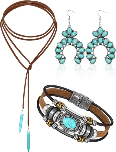 Vista 8 de 3 piezas de joyería boho occidental para mujer, conjunto de joyas de turquesa, aretes vintage, pulsera, collar bohemio occidental para mujer Negro