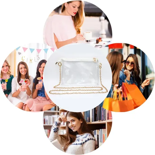 Vista 8 de DaKuan Bolso cruzado transparente aprobado para estadios para mujer, bolso transparente impermeable con cadena dorada 7.9x5.1x0.8 in, correa