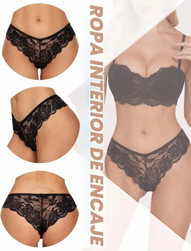 Vista 4 de Avidlove Bragas de Encaje Floral para Mujer Ropa Interior Sexy Hipster Bragas de Bikini Atrevidas Cintura en Forma de V Tangas 1 pieza negro