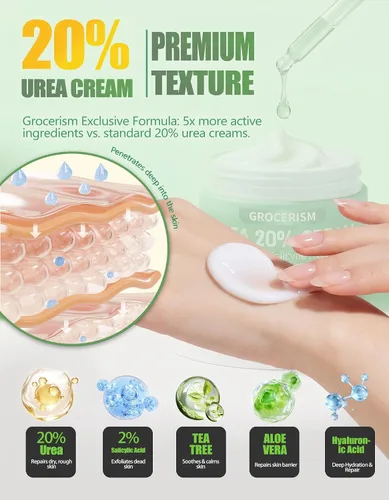 Vista 2 de Crema de urea 20 por ciento para pies más 2% ácido salicílico 5.29 oz Crema de pies y manos de máxima fuerza con ácido hialurónico, árbol de té