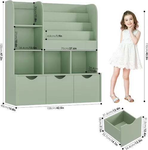 Vista 6 de FOTOSOK Estantería para niños de 47 pulgadas con almacenamiento de juguetes, estantería multifuncional con 5 cubos de almacenamiento y 3 cajones