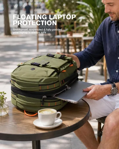 Vista 4 de Tolaccea Mochila de viaje para laptop para hombres y mujeres, mochila de transporte expandible de 40L-50L con compartimento húmedo y seco, mochila