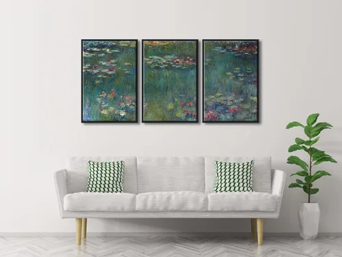 Vista 4 de Wieco Art Claude Monet - Lienzo enmarcado con 3 paneles, arte de pared de lirios de agua por Claude Monet, pinturas famosas, impresiones en lienzo