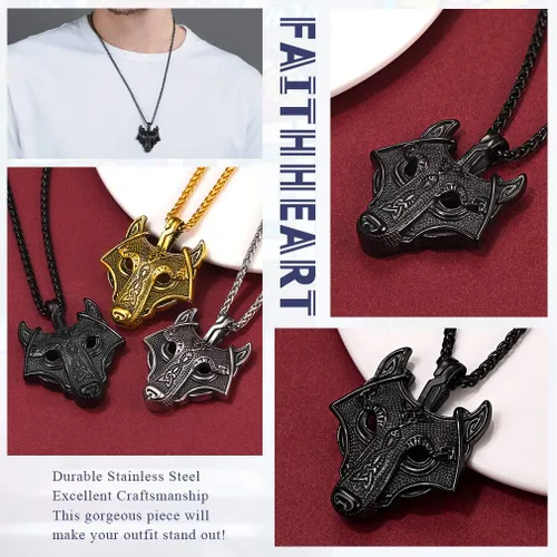 Vista 3 de FaithHeart Collar con colgante de lobo vikingo nórdico para hombres y mujeres, acero inoxidable, chapado en oro de 18 quilates, joyería con embalaje