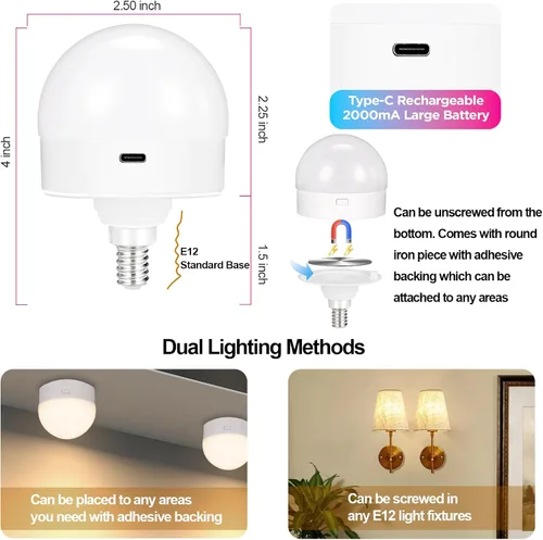 Vista 6 de Yochoice Bombilla de luz recargable con batería operada con control remoto E12, bombilla LED regulable con 15 colores seleccionables y 3