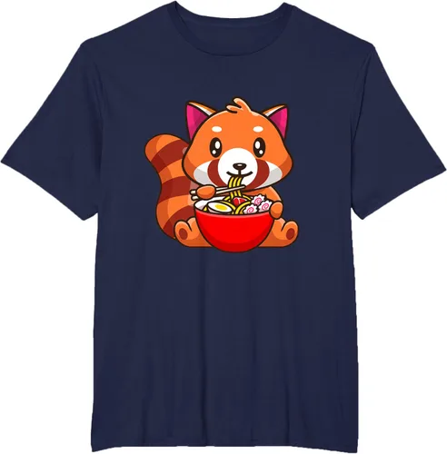 Vista 36 de Camiseta Kawaii Anime Red Panda Eating Ramen Noodles, Negro, S