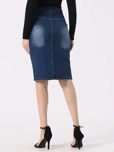 Vista 4 de Allegra K Faldas de mezclilla para mujer, con abertura, casual, de cintura alta, entallada, falda de tubo