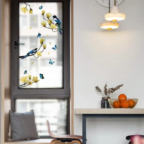 Vista 7 de Ohmywor 32 calcomanías de ventana de resorte de mariposa con diseño de pájaros en ramas de magnolia anticolisión para ataques de pájaros