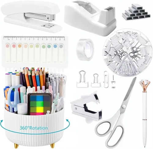 Vista 26 de Suministros de oficina, accesorios de escritorio negros, juego de suministros de oficina, juego de grapadora y dispensador de cinta, tijeras