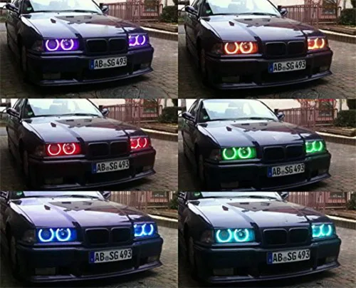 Vista 5 de iJDMTOY Juego de 4 anillos de halo LED RGB de 7 colores con ajuste ajustable compatible con BMW E39 E46 3 5 7 Series Xenon Trim