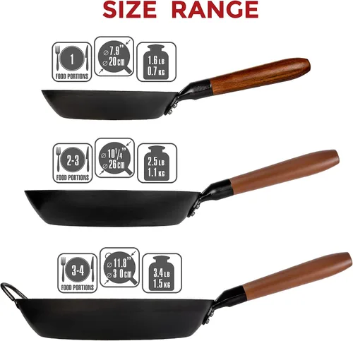 Vista 8 de YOSUKATA Sartén de acero al carbono de 7.9 pulgadas, sartén pre-sazonada no tóxica con mango de madera extraíble, sartén estilo wok sin