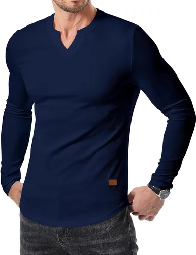 Vista 10 de JMIERR Camisetas de manga larga para hombre, estilo casual, cuello en V Negro+Blanco