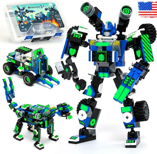Vista 8 de JITTERYGIT Conjunto de juguetes de regalo con mech de robot del ejército, helicóptero militar creativo STEM, kit de bloques de construcción