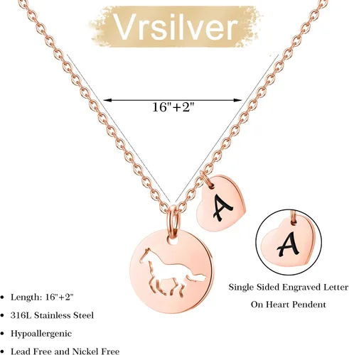 Vista 5 de Collar de caballo para niñas, collar de caballo de acero inoxidable plateadorosaoro para niñas, collar de caballo hueco con dije de corazón