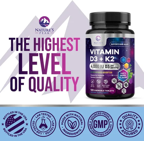 Vista 4 de Vitamina D3 K2-4000 UI Vitamina D3 y 200 mcg Vitamina K2 MK-7 – Apoyo a la salud ósea, corazón e inmune – Absorción de calcio – D3K2 sabor a bayas