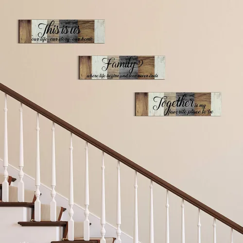 Vista 7 de Jetec Letrero de madera familiar de 3 piezas con texto en inglés "This Is Us", decoración rústica de madera para el hogar, decoración de pared Marrón