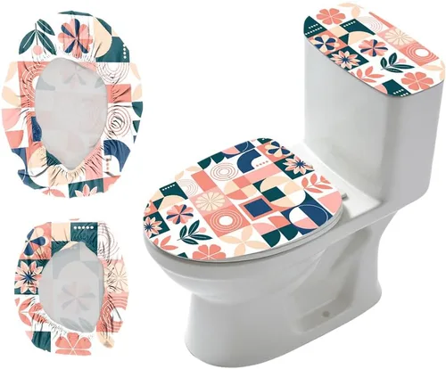 Vista 8 de Juego de 2 fundas de tapa de inodoro de grano de madera y cubierta de tanque, juego de fundas elásticas rústicas para asiento de inodoro