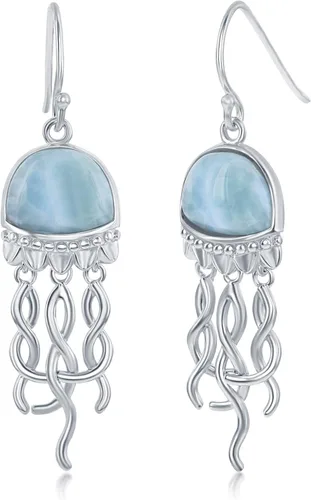 Vista 23 de Beaux Bijoux Aretes de plata de ley azul larimar para mujer, joyería natural de larimar, diseño de animales marinos, pez de pulpo de tortuga