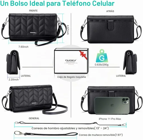 Vista 4 de nuoku - Bolso bandolera pequeño para mujer con ranuras para tarjetas RFID, 2 correas Negro Design