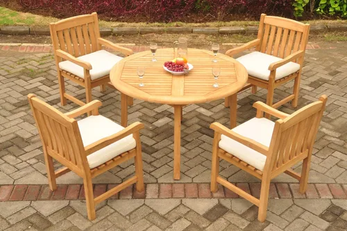 Vista 2 de 4 plazas grade-a Madera de teca 5 pieza conjunto de comedor: 48" mesa redonda y 4 sillas de Devon Capitán/ARM # tsdsdve