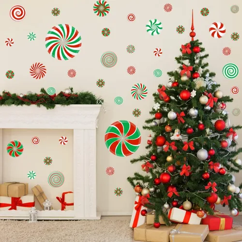 Vista 2 de 54 piezas de calcomanías adhesivas de Navidad para pared con decoración de caramelo de Navidad, calcomanías adhesivas de caramelo de menta para Rojo