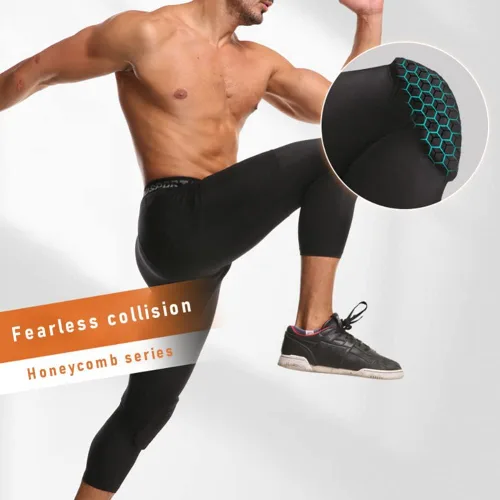 Vista 6 de Homeo Pantalones de baloncesto para hombre con rodilleras, pantalones de compresión 34, mallas capri atléticas para entrenamiento